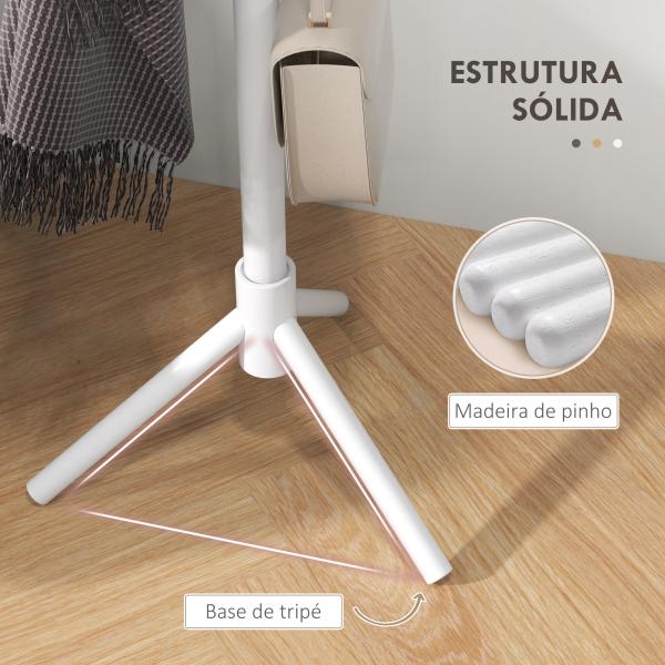 Cabide de Pé de Madeira com 8 Ganchos para Pendurar Roupa e Bolsas para Corredor Entrada 40x40x165 cm Branco