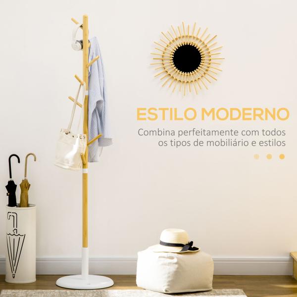 Cabide de Pé de Bambu Moderno com 8 Ganchos para Roupas Bolsas Ø37,8x175,6 cm Madeira e Branco
