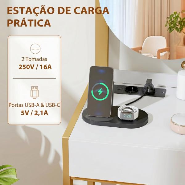 Toucador de Maquilhagem com Espelho e Banco Acolchoado Estação de Carregamento 2 Gavetas 3 Prateleiras para Quarto Branco