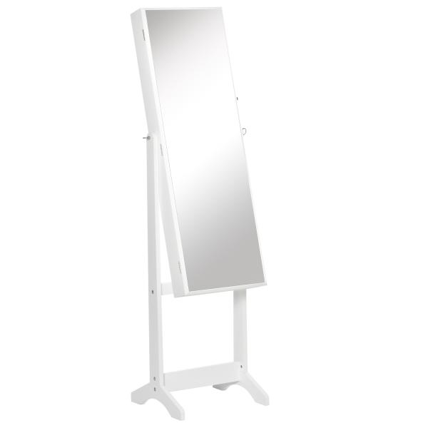 Espelho Joalheiro de Pé com Ângulos Ajustáveis Fechadura Magnética Organizador de Joias com Prateleiras 46x36,5x151,5cm Branco