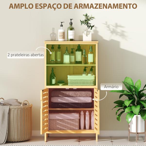 Armário Casa de Banho de Bambu Móvel Auxiliar Casa de Banho com 2 Portas 2 Prateleiras Abertas 50x29x92 cm Madeira