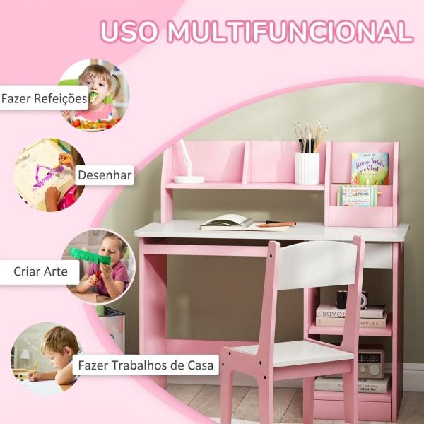 Secretária e Cadeira Infantil com Arrumação para Estudo, Leitura e Brincadeiras Rosa