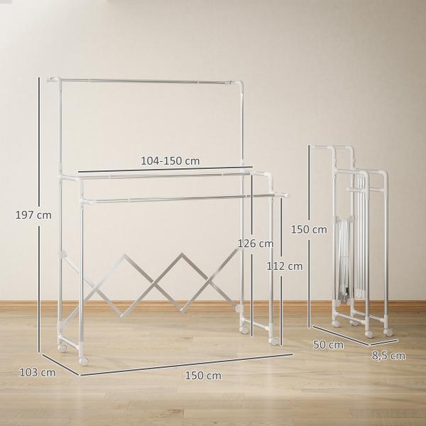 Estendal Vertical Dobrável de 3 Níveis Estendal de Aço Inoxidável com 3 Barras Ajustáveis e Extensíveis 4 Rodas 104 - 150x103x145 - 197 cm Prateado