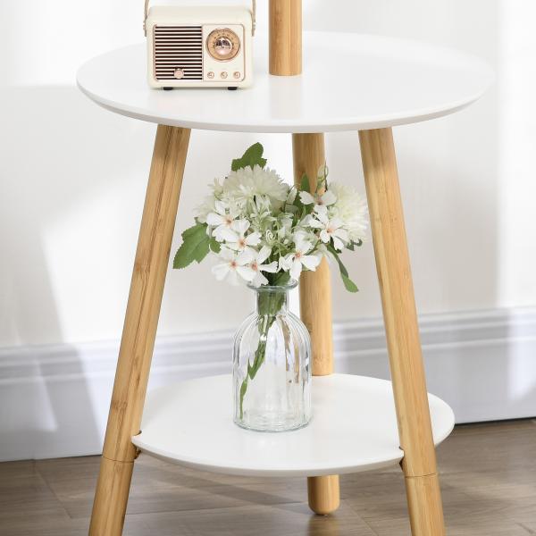 Cabide de Pé de Bambu 2 em 1 com 2 Prateleiras 5 Ganchos e Estrutura de Alumínio 39x5x39,5x71cm Madeira e Branco