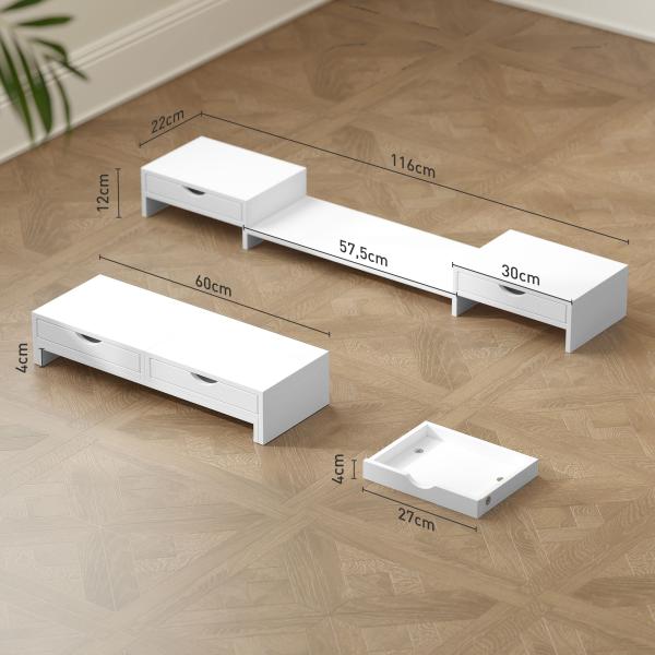 Suporte para Monitor com Ângulo e Comprimento Ajustável e 2 Gavetas para Escritório 60 - 116x22x12 cm Branco
