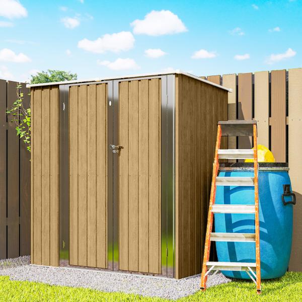 Abrigo de Jardim Exterior Metálico 1,37 m² 163x89x163 cm com Telhado Inclinado, Portas com Fecho e Luvas Castanho