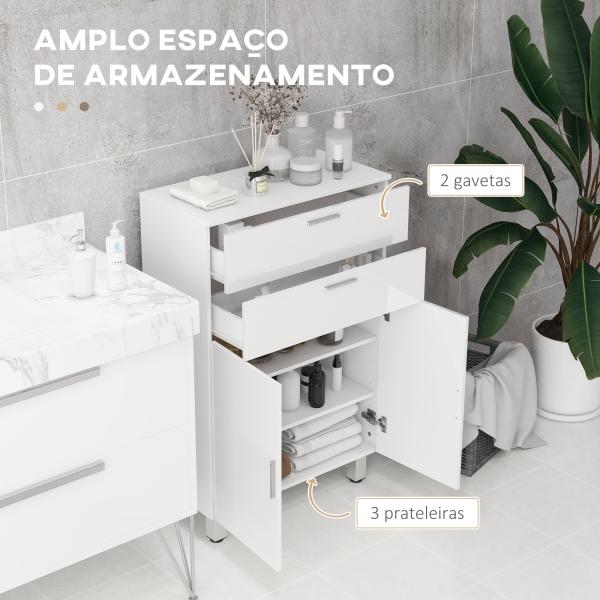 Móvel Auxiliar Casa de Banho 2 Gavetas e Armário Prateleiras Ajustáveis 60x30x93 cm Branco
