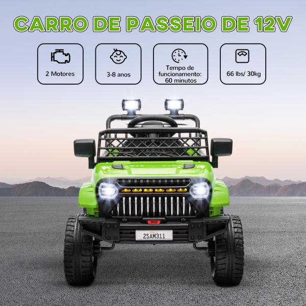 Carro Elétrico para Crianças Carro Elétrico Infantil UTV 12V com Velocidade Ajustável USB e Faróis 95x62,5x65 cm Verde