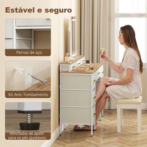 Toucador com Luzes LED de 3 Cores Espelho 10 Gavetas de Tecido e Pés em Aço 118,5x39,5x140 cm Madeira