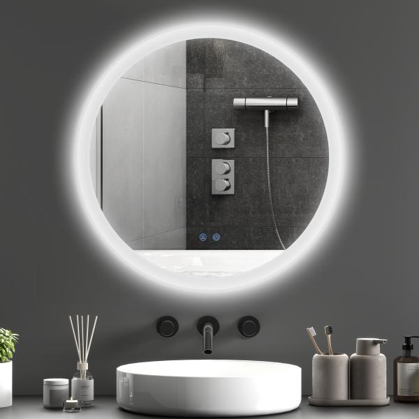 Espelho Casa de Banho Redondo com Luzes LED Ø60 cm Função Antiembaciamento 3 Luzes Função de Memória e Interruptor Tátil Prata