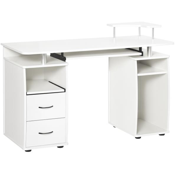 Mesa de Computador com Prateleiras 2 Gavetas Bandeja de Teclado e Suporte para Monitor e CPU 120x55x85 cm Branco