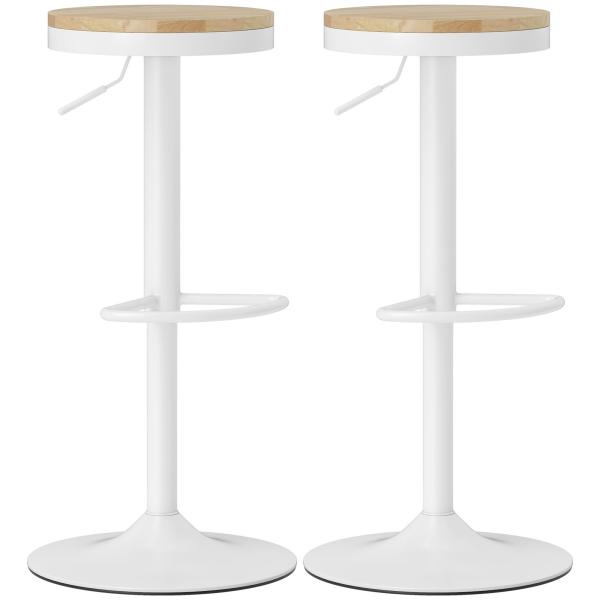 Conjunto de 2 Bancos de Bar Giratórios Bancos Altos de Cozinha com Descanso para Pés 38,5x38,5x60 - 80 cm Madeira e Branco