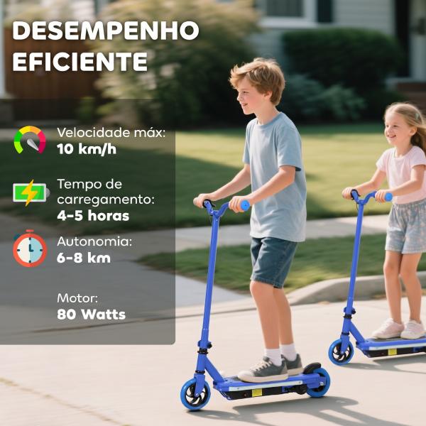 Trotinete Elétrica para Crianças Máx. 10 km/h Motor 80 W Autonomia Máxima 8 km Trotinete com Luzes LED Travão Traseiro 76x46x93 cm Azul