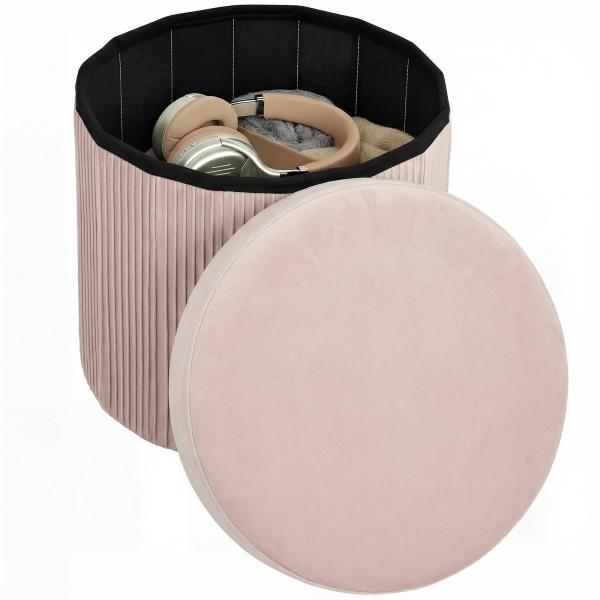 Puff de Arrumação Banco de Arrumação Dobrável 35 L 38x38x38 cm Estofado em Veludo Baú de Arrumação Redondo Rosa