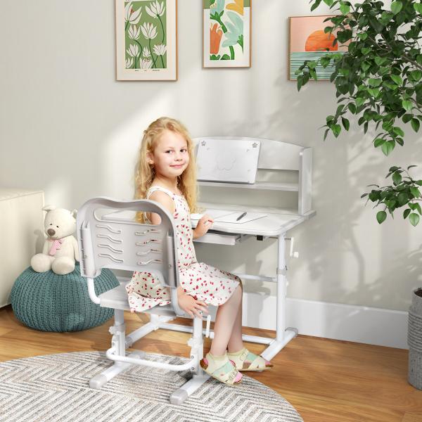Conjunto de Secretária e Cadeira para Crianças com Altura Ajustável e Ângulo da Mesa Ajustável 80x54,5x82 - 104 cm Cinza e Branco
