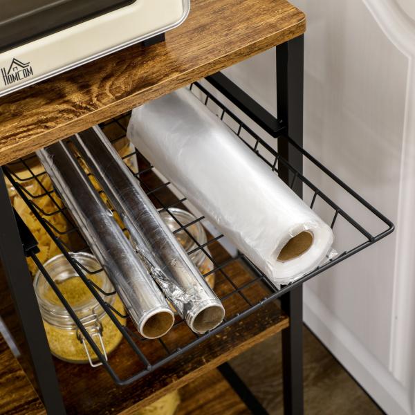 Estante de Cozinha com Ficha 2 Carregadores Prateleira Ajustável USB 5 Gancho em S e Cesta Amovível 90x42x130 cm Marrom Rústico