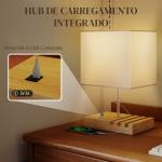 Candeeiro de Mesa com Portas USB - A/C Três Ranhuras para Telemóveis Base de Madeira e Ecrã de Tecido E27 40W 25x20x40,5 cm Branco