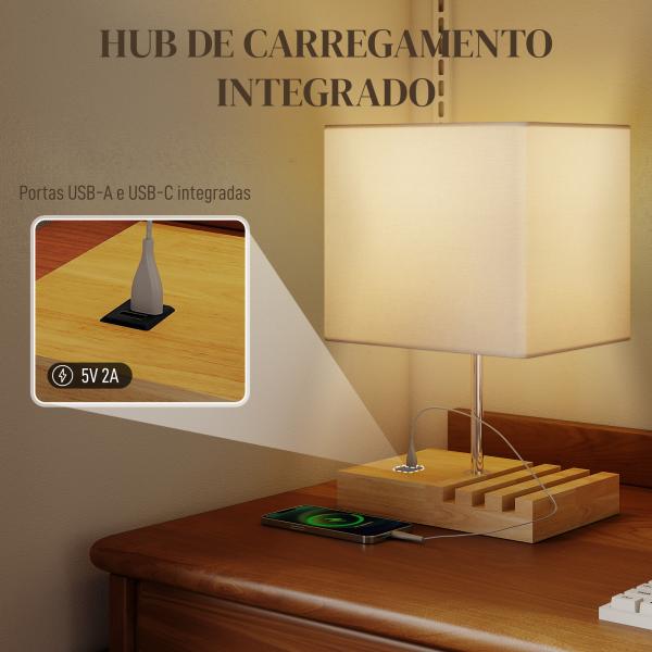 Candeeiro de Mesa com Portas USB - A/C Três Ranhuras para Telemóveis Base de Madeira e Ecrã de Tecido E27 40W 25x20x40,5 cm Branco