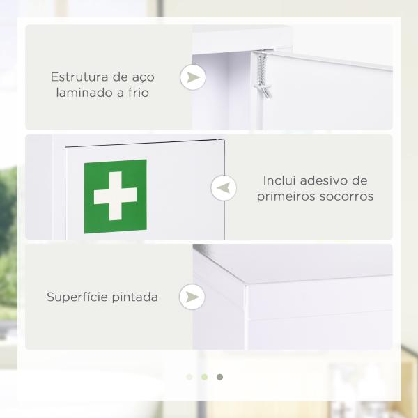 Armário Farmácia de Parede em Aço com 3 Prateleiras de Armazenamento e 2 Chaves para Casa de Banho 30x14x46 cm Branco