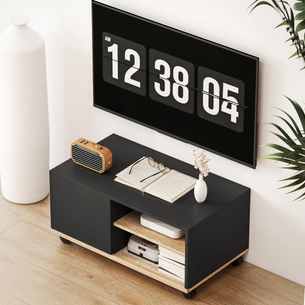 Móvel de TV com Rodas para Televisores até 42 Polegadas com 1 Porta 2 Compartimentos Abertos Prateleira 80x45x41 cm Preto