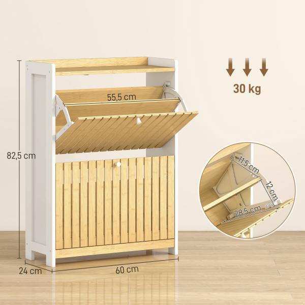 Sapateira Estreita com 2 Portas de Bambu Prateleiras Ajustáveis para 12 Pares de Sapatos 60x24x82,5 cm Branco e Madeira
