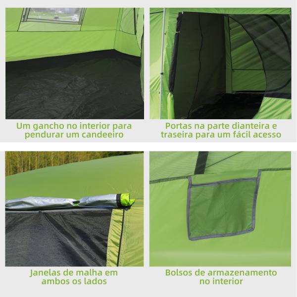Tenda de Campismo Familiar para 4 Pessoas Tenda de Campismo Portátil Impermeável com Bolsa de Transporte Rede Mosquiteira e Proteção Solar 410x - 310x225cm Verde