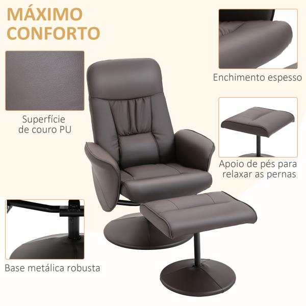 Poltrona Relax com Apoio para os Pés Estofada em PU Poltrona Relax Reclinável até 145° e Giratório 360° com Encosto Ajustável para Sala de Estar Dormitório Escritório 81x81x105cm Marrom