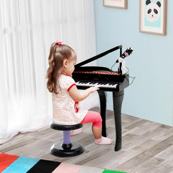 Piano para Crianças com 37 Teclas Microfone Banco Luzes 22 Músicas e Entrada para MP3 e USB 48x39x69 cm Preto