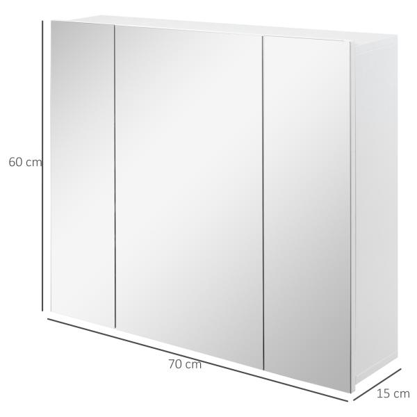 Armário de Casa de Banho com 3 Portas com Espelho Armário de Parede com Prateleiras Internas Ajustáveis 70x15x60 cm Branco