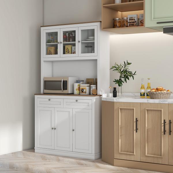 Armário de Cozinha com 3 Portas de Vidro Compartimento Aberto 2 Gavetas e Prateleiras Ajustáveis 100x40x180 cm Branco