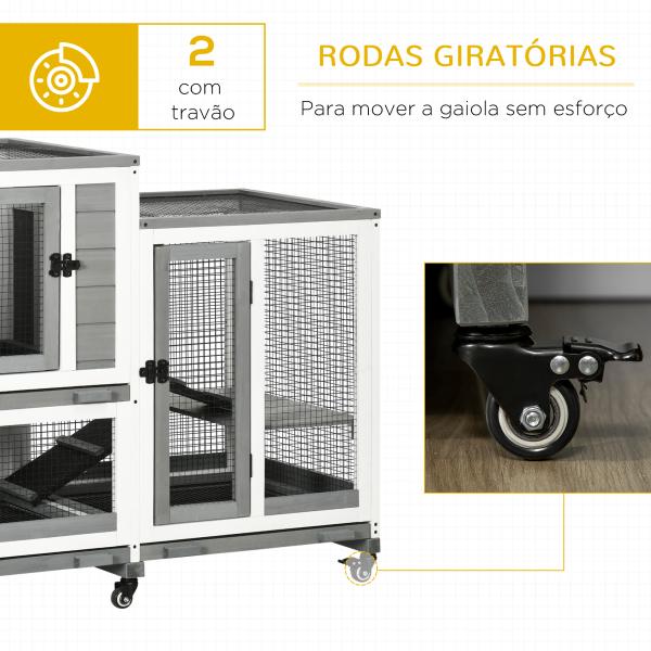 Coelheira de Madeira Interior Gaiola para Coelhos de 2 Níveis com Rodas 2 Rampas 3 Bandejas Amovíveis 110x50x86 cm Cinza