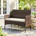Sofá de Exterior em Rattan de 2 Lugares Sofá de Jardim com Almofada Lavável Estrutura de Aço para Varanda Caqui