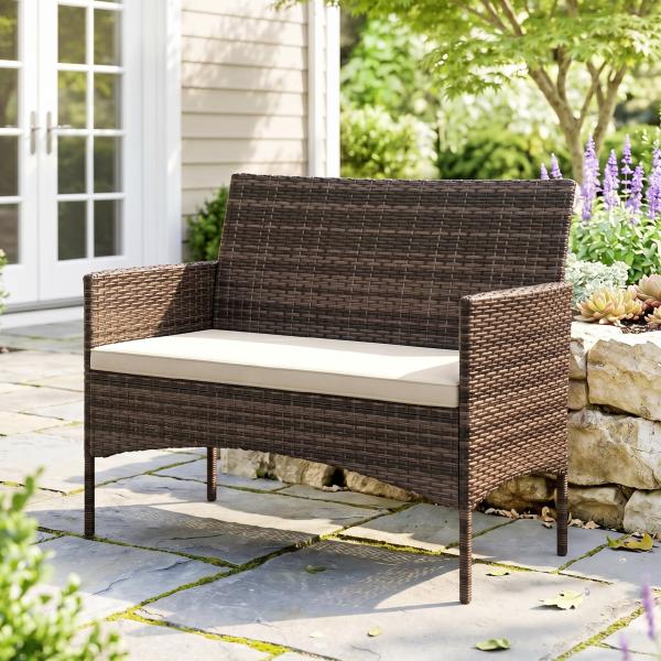 Sofá de Exterior em Rattan de 2 Lugares Sofá de Jardim com Almofada Lavável Estrutura de Aço para Varanda Caqui