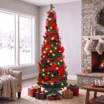 Árvore de Natal Artificial 180 cm com 150 Luzes LED 200 Ramos 11 Modos Bolas Fitas e Suporte Dobrável Verde e Vermelho