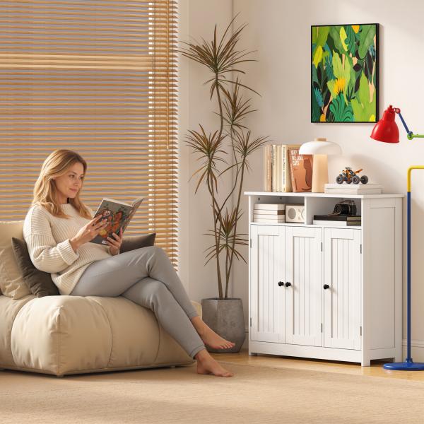 Armário de Casa de Banho Estreito com 3 Portas 2 Compartimentos Abertos Prateleira Ajustável 85x30x85 cm Branco