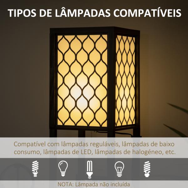 Candeeiro de Pé de Madeira com Estantes Lâmpada E27 Máx. 40W com Interruptor 26x26x156cm Preto e Branco
