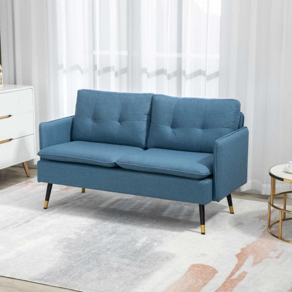 Sofá de 2 Lugares Moderno Estofado em Poliéster com 4 Almofadas Apoio para os Braços e Pés de Aço 139x68x80 cm Azul