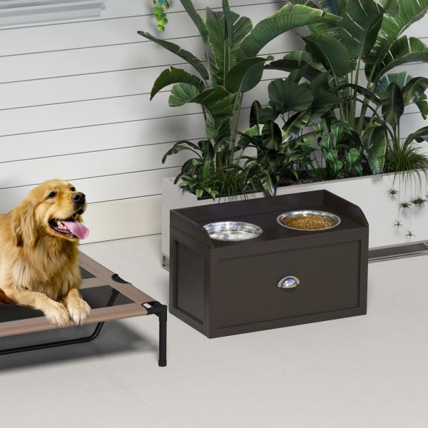 Comedouro Elevado para Cães com 2 Tigelas 2000ml de Aço Inoxidável Gaveta Oculta com Suporte de Madeira 60x30x36cm Marrom Escuro
