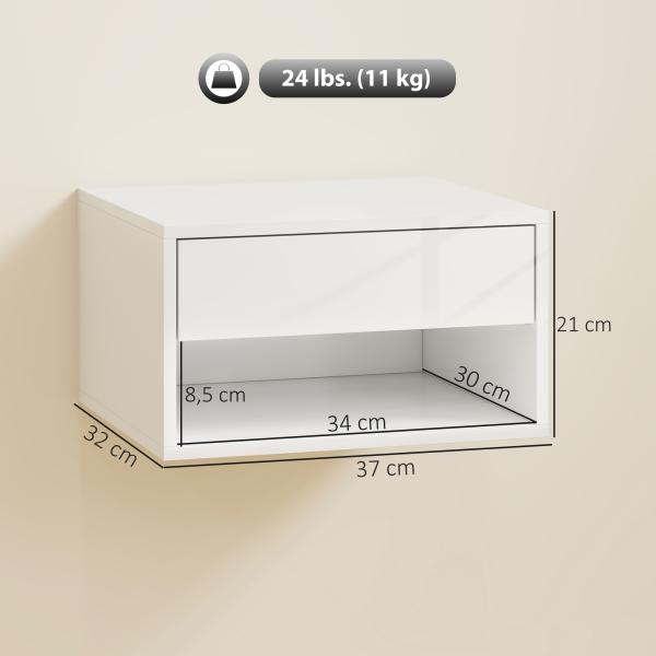 Conjunto de Mesas de Cabeceira Suspensas com Gaveta e Prateleira Aberta 37x32x21 cm Branco Brilhante