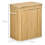 Cesto de Roupa Suja 90L em Bambu com 2 Compartimentos Alças e Bolsa Interna Removível 54,2x35,2x59,5 cm Madeira