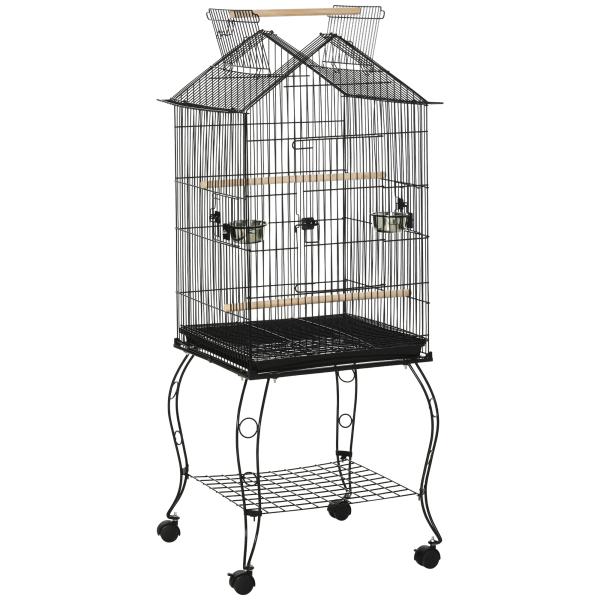 Gaiola para Pássaros com Suporte Rodas Bandeja Amovível 2 Comedouros e Prateleira Inferior de Metal 50x58x145 cm Preto