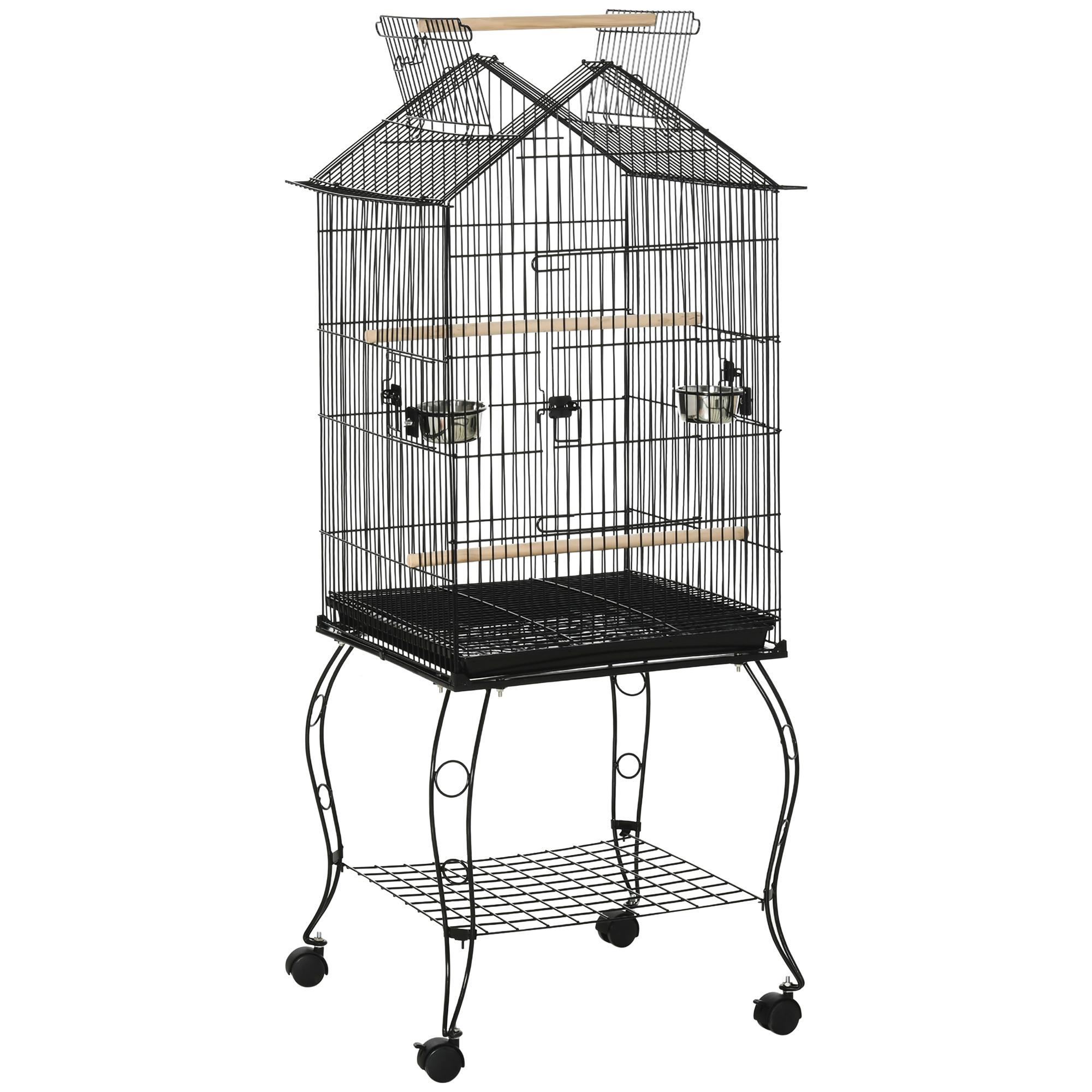Gaiola para Pássaros com Suporte Rodas Bandeja Amovível 2 Comedouros e Prateleira Inferior de Metal 50x58x145 cm Preto