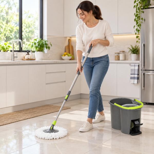 Conjunto de Esfregona e Balde com Espremedor 2 Compartimentos Balde de 20 L 5 Mopas de Microfibra Uso a Seco e Húmido Cinza Escuro