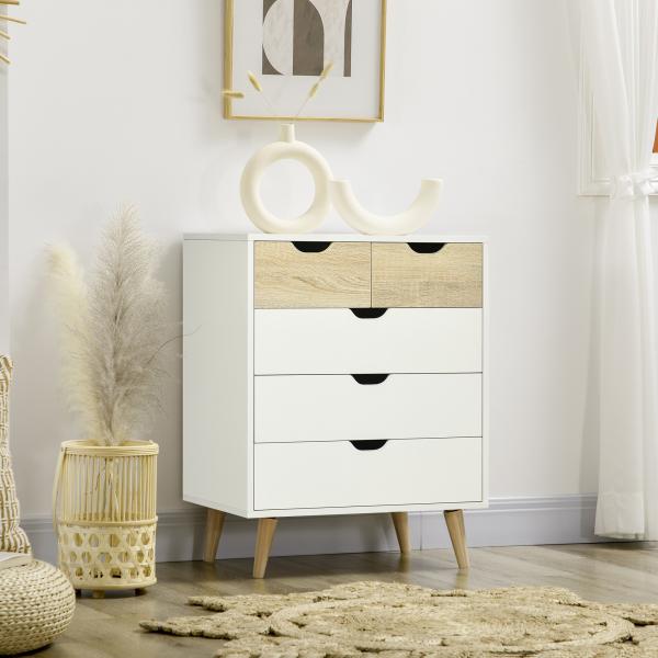 Cómoda com 5 Gavetas e Pés Elevados Cómoda para Dormitório Estilo Moderno Anti - Tombo 60x40x77,5cm Madeira e Branco