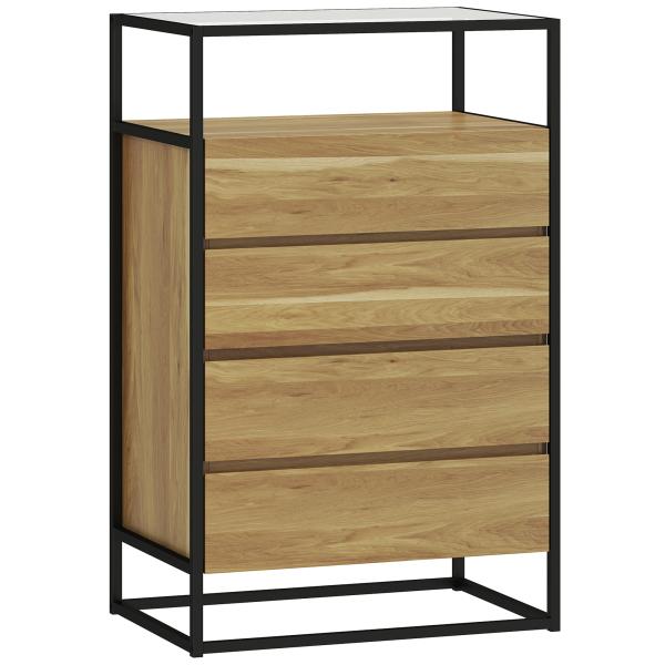 Cómoda 4 Gavetas Cómoda Quarto com Superfície de Vidro Temperado Prateleira Aberta Estrutura de Aço 60x40x94,5 cm Teca
