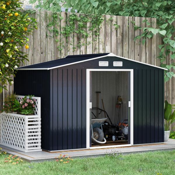 Abrigo de Jardim Metálico para Armazenamento de Ferramentas com Base de Reforço Incluída e 4 Janelas 277x195x192 cm Cinza Escuro