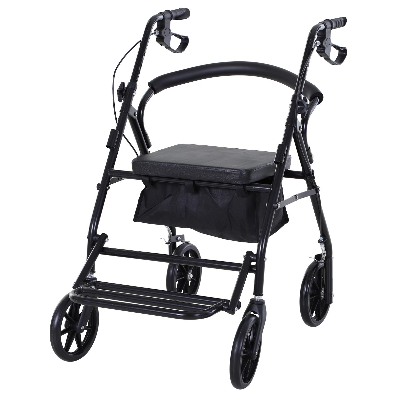 Andarilho 4 Rodas Andarilho Dobrável Leve Assento Encosto Acolchoado Pegas Ergonómicas Metal Preto