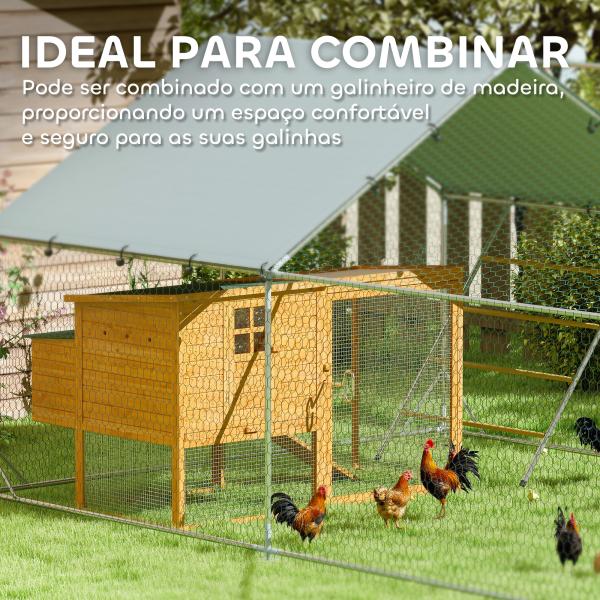 Galinheiro para Exterior 3x4 m Galinheiro de Aço Galvanizado com Comedouro Suspenso Tipo Espeto Poleiro Anti - UV Prata