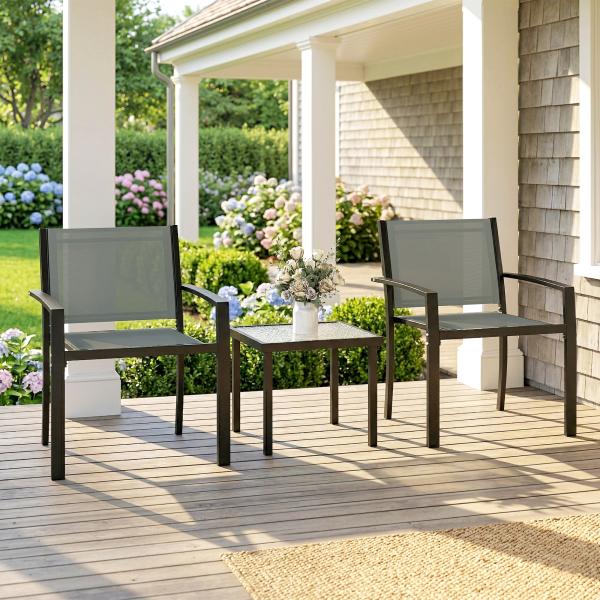 Conjunto de Mesa e Cadeiras com 3 Peças Conjunto de Jardim 2 Cadeiras de Textilene e Mesa de Vidro Cinzento Claro