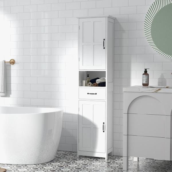 Coluna de Casa de Banho com 2 Portas 1 Gaveta Prateleira Aberta e Prateleiras Ajustáveis 40x30x164 cm Branco